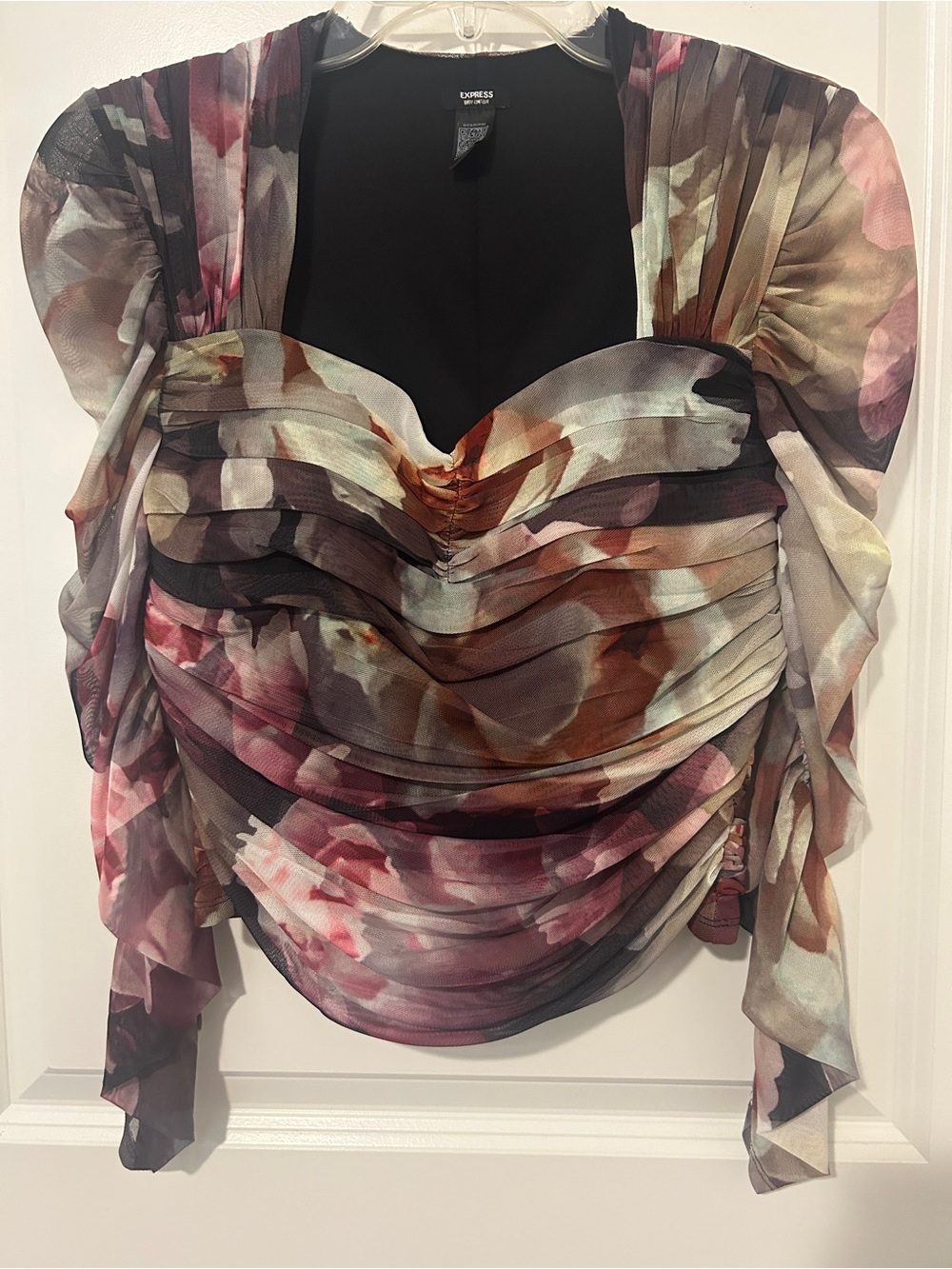Express Floral Ruched Dress Top in Black, Pink, Brown and Cream